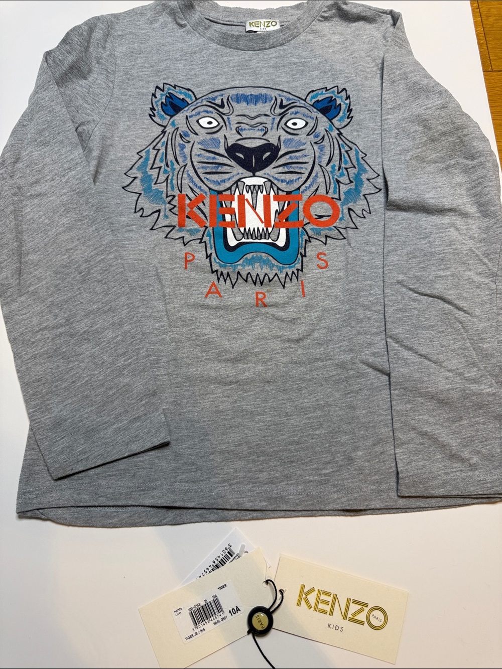 Kenzo Kids Gray Long Sleeve Tee with Blue & Orange Tiger Graphic